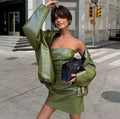 Sienna Faux Leather Strapless Mini Dress & Oversized Jacket Set – Olive Green
