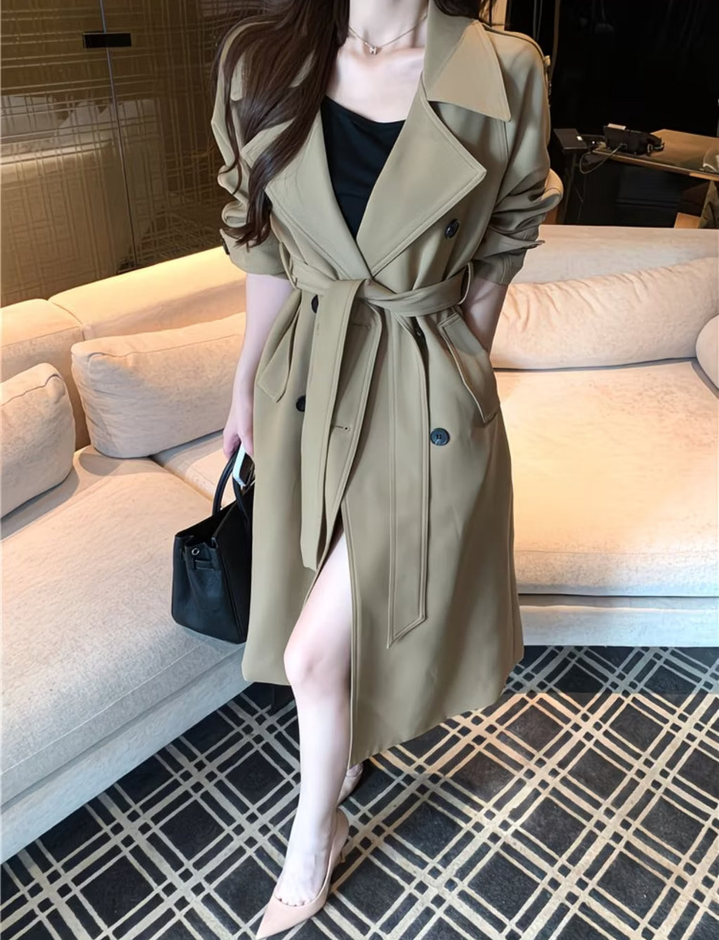 Women's Elegant Double-Breasted Trench Coat – Long Belted Slim Fit Lapel Jacket in Khaki