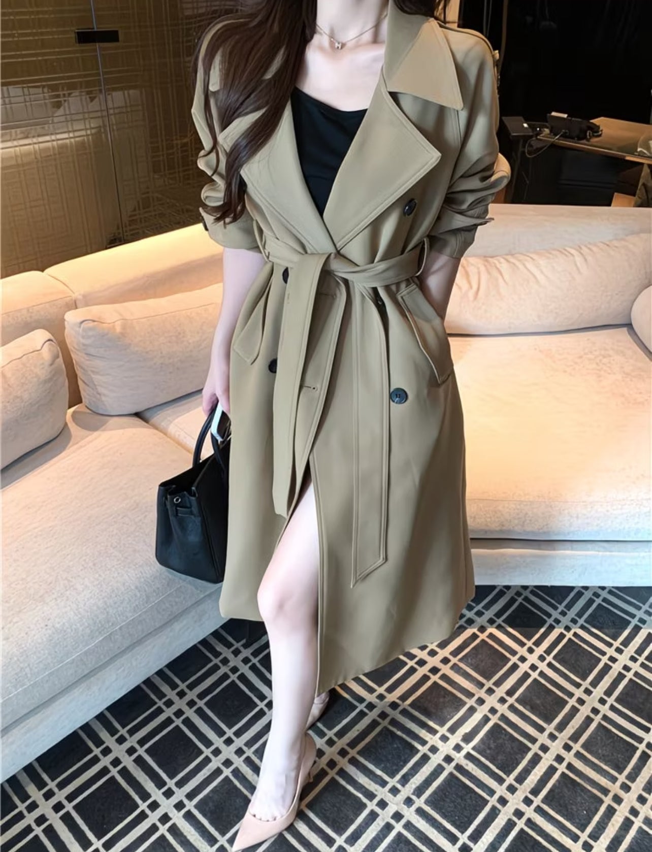 Women's Elegant Double-Breasted Trench Coat – Long Belted Slim Fit Lapel Jacket in Khaki