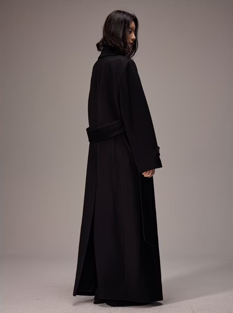 Women's Long Belted Double-Breasted Trench Coat – Elegant Winter Maxi Overcoat