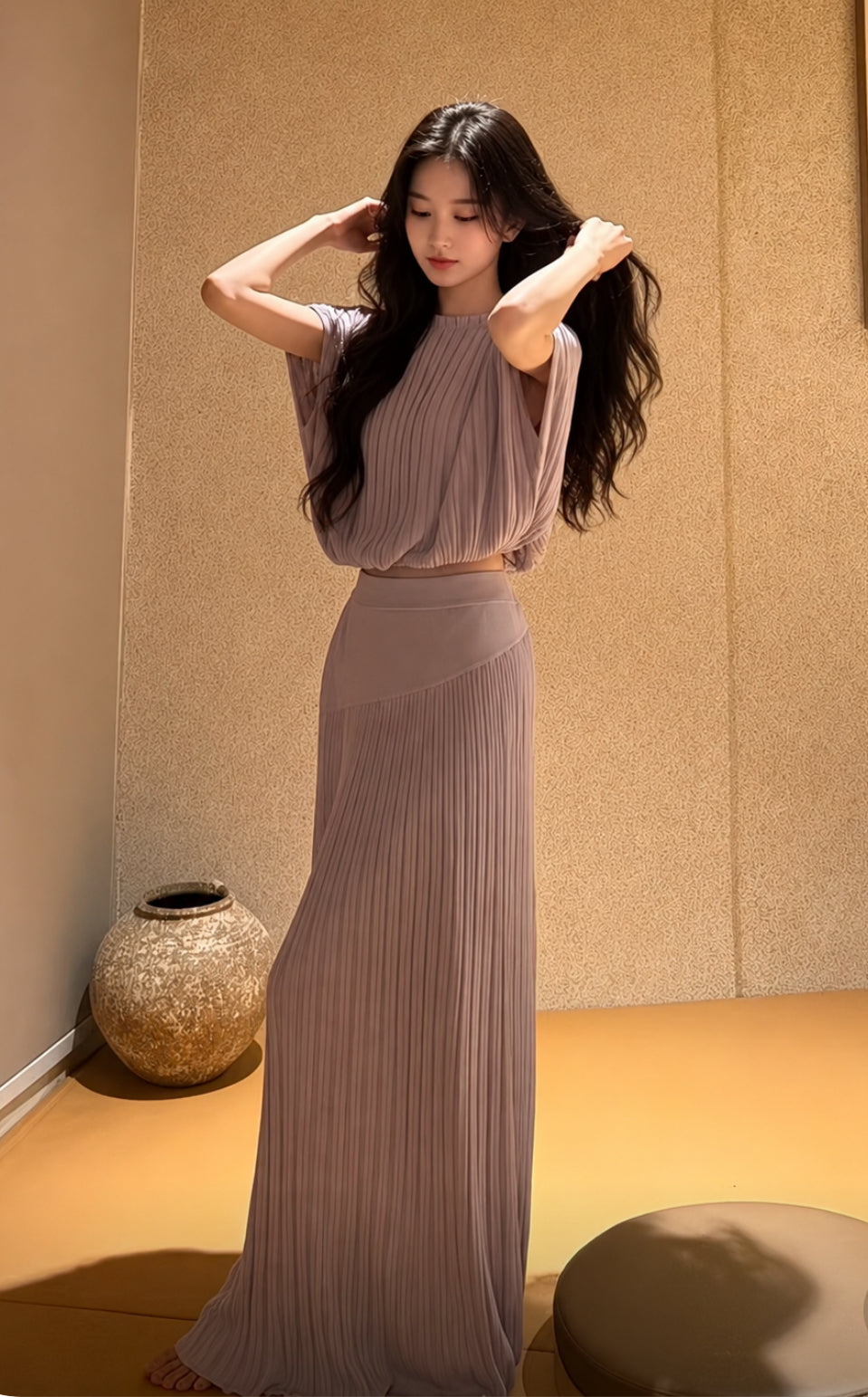 Aurora Pleated Two-Piece Maxi Set – Mauve