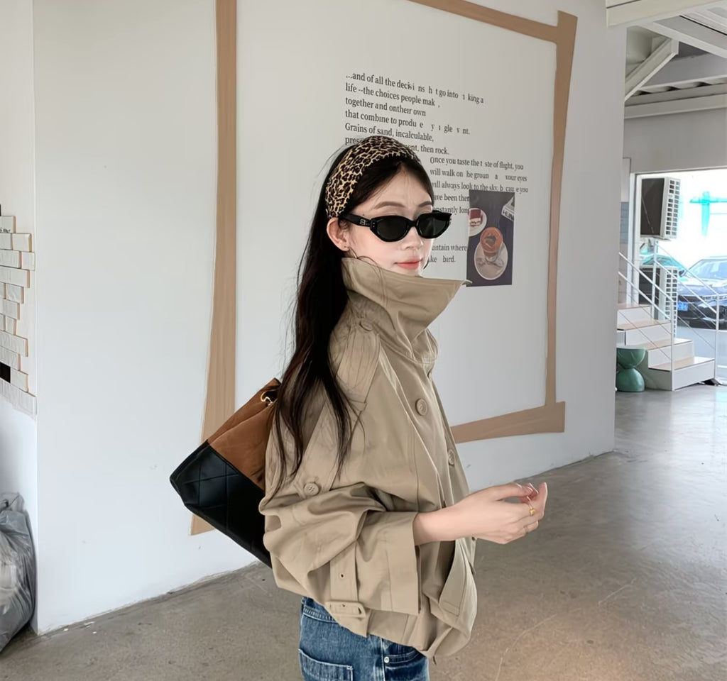 Women’s Double-Breasted Trench Coat with Stand Collar – Elegant Long-Sleeve Streetwear Jacket for Autumn & Winter