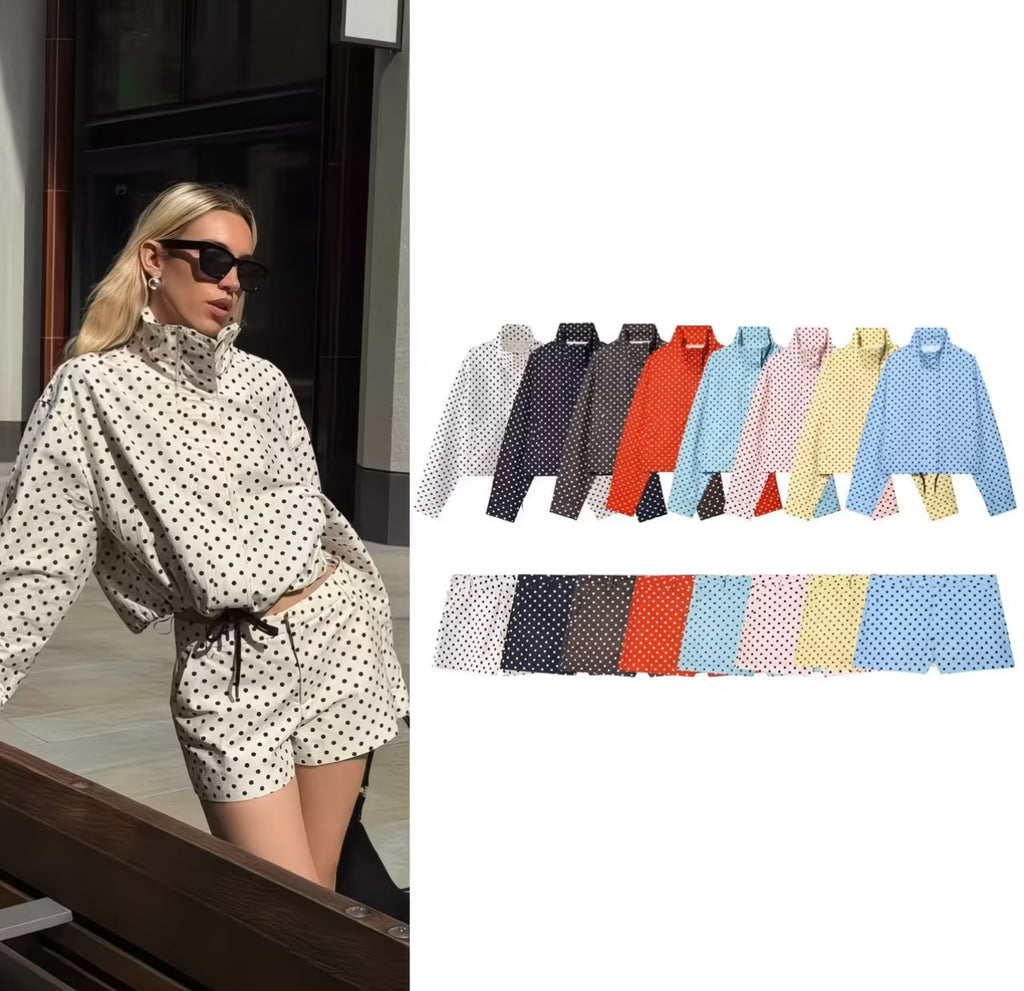 Elegant Polka Dot Full-Zip Jacket & Shorts 2-Piece Set – Stylish Spring, Summer & Autumn Outfit
