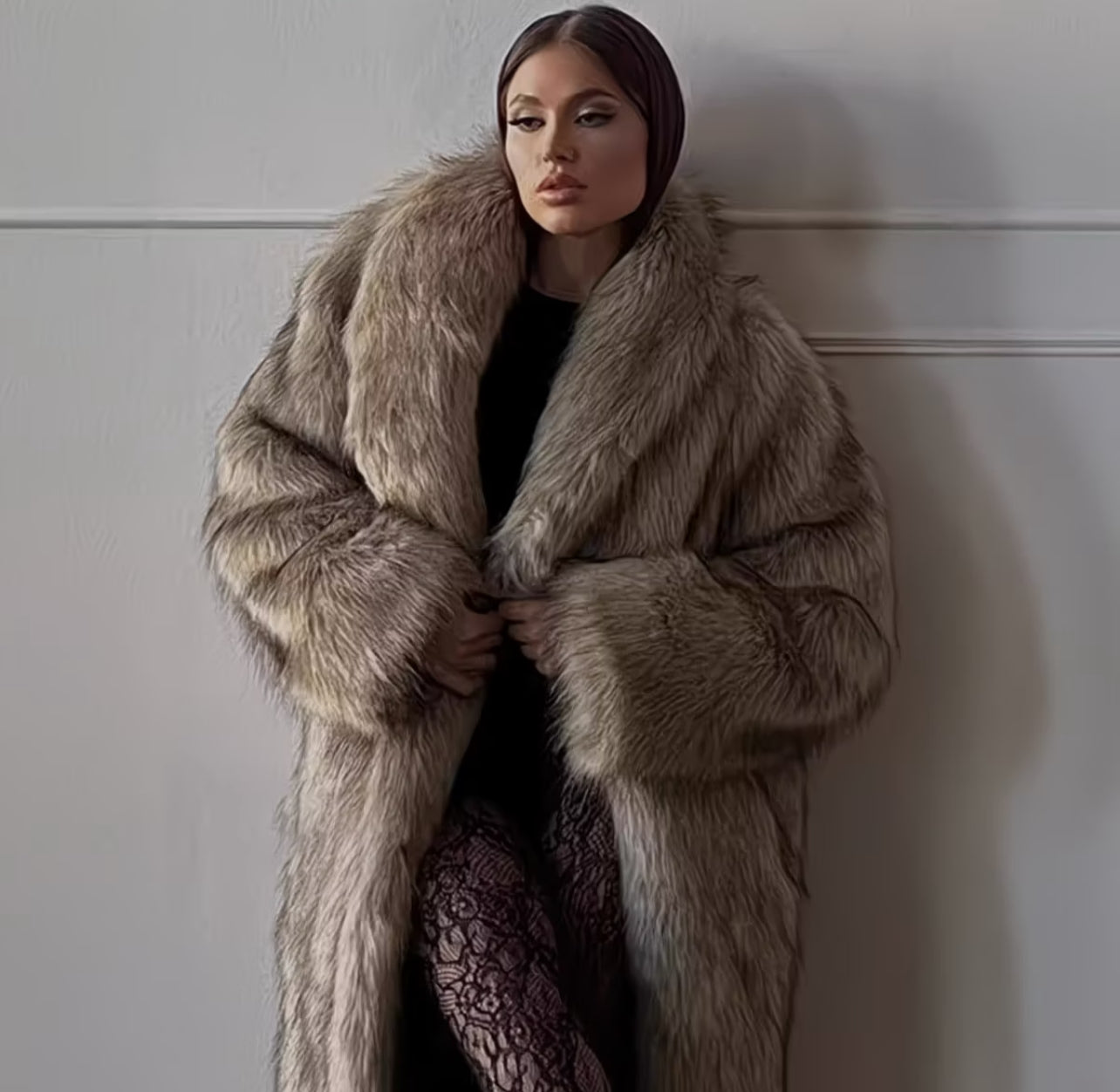 Luxury Faux Fur Long Coat for Women – Elegant Celebrity-Inspired Winter Overcoat