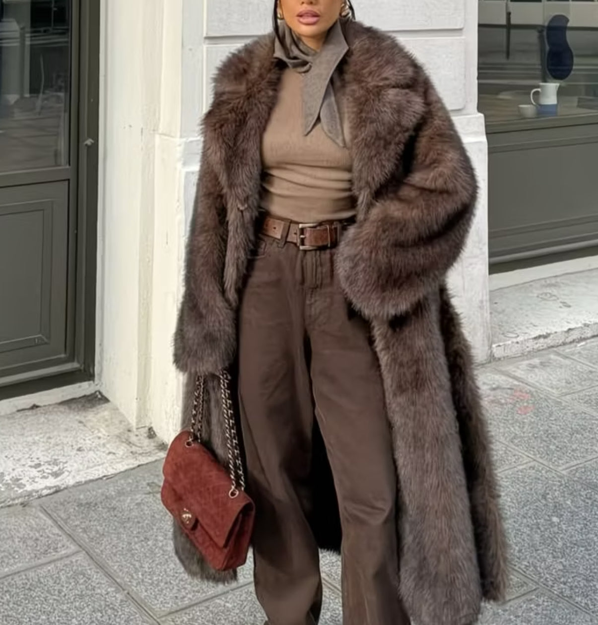 Luxury Faux Fur Long Coat for Women – Elegant Celebrity-Inspired Winter Overcoat