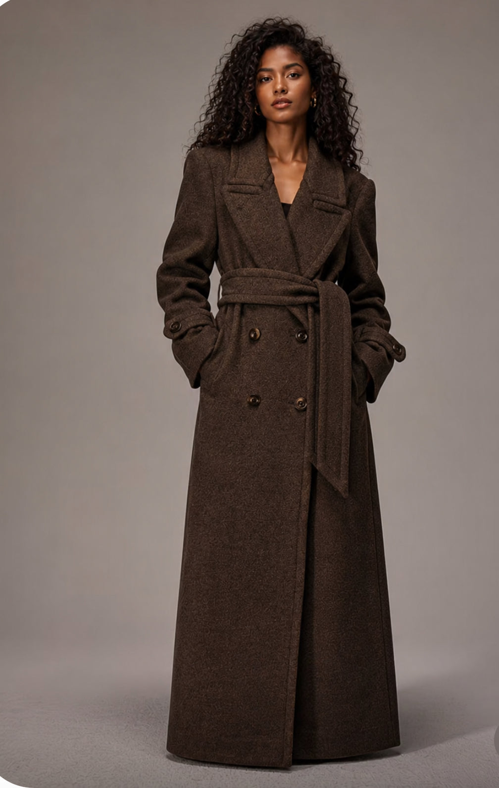 Women's Long Belted Double-Breasted Trench Coat – Elegant Winter Maxi Overcoat